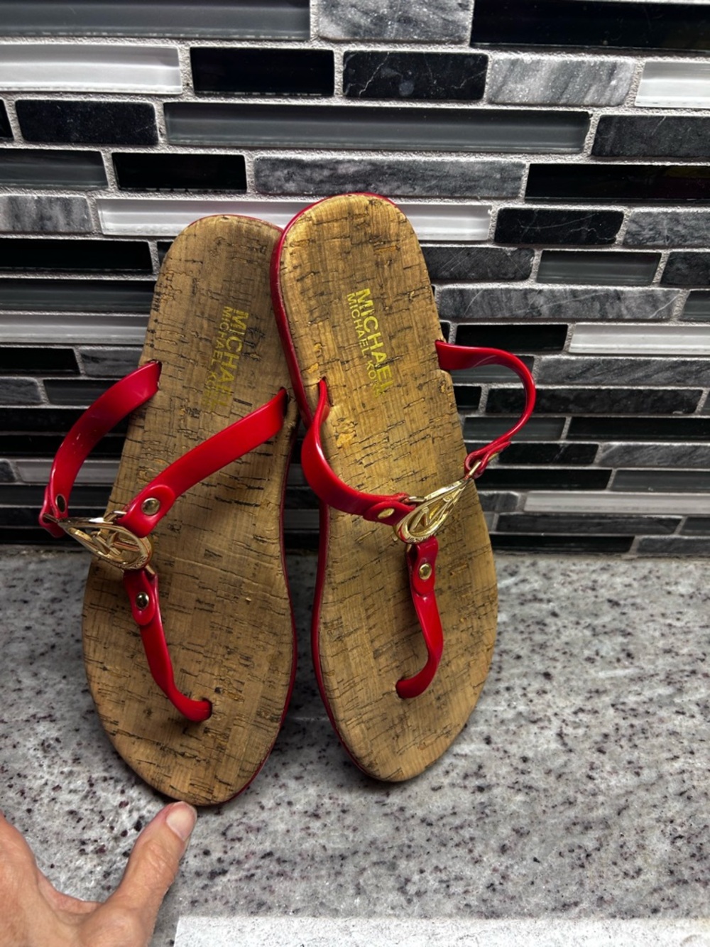 Michael Kors Red Leather T-Strap Cork-Effect Sandals with Gold Logo size 7